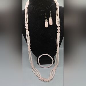 Rose Quartz Pink Jadeite Set - Necklace Bracelet Earrings (Pierced)